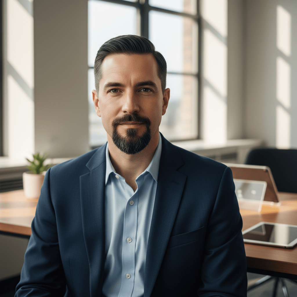 Man with defined geometric facial hair in a modern office with diffused daylight.