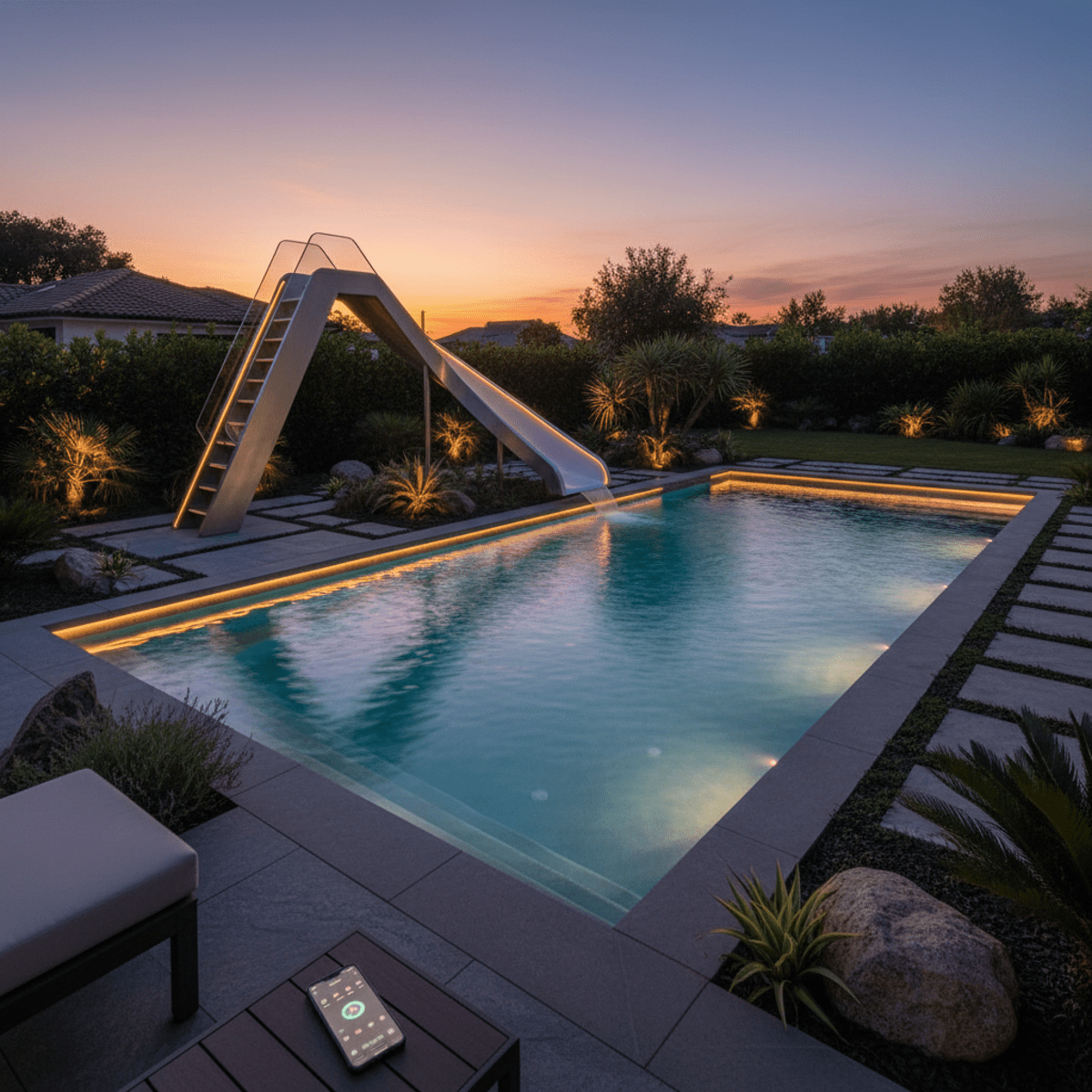 Above ground pool with programmable LED lighting in a resort-style backyard at night.