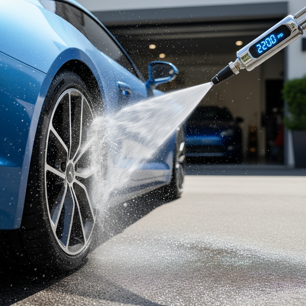 Modern pressure washer wand spraying water on a metallic blue sports car wheel.