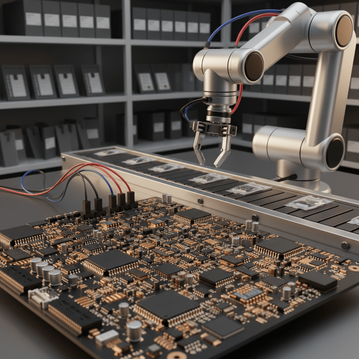 Futuristic PC coordinates robotic arm for quality inspection, showcasing detailed PCB.