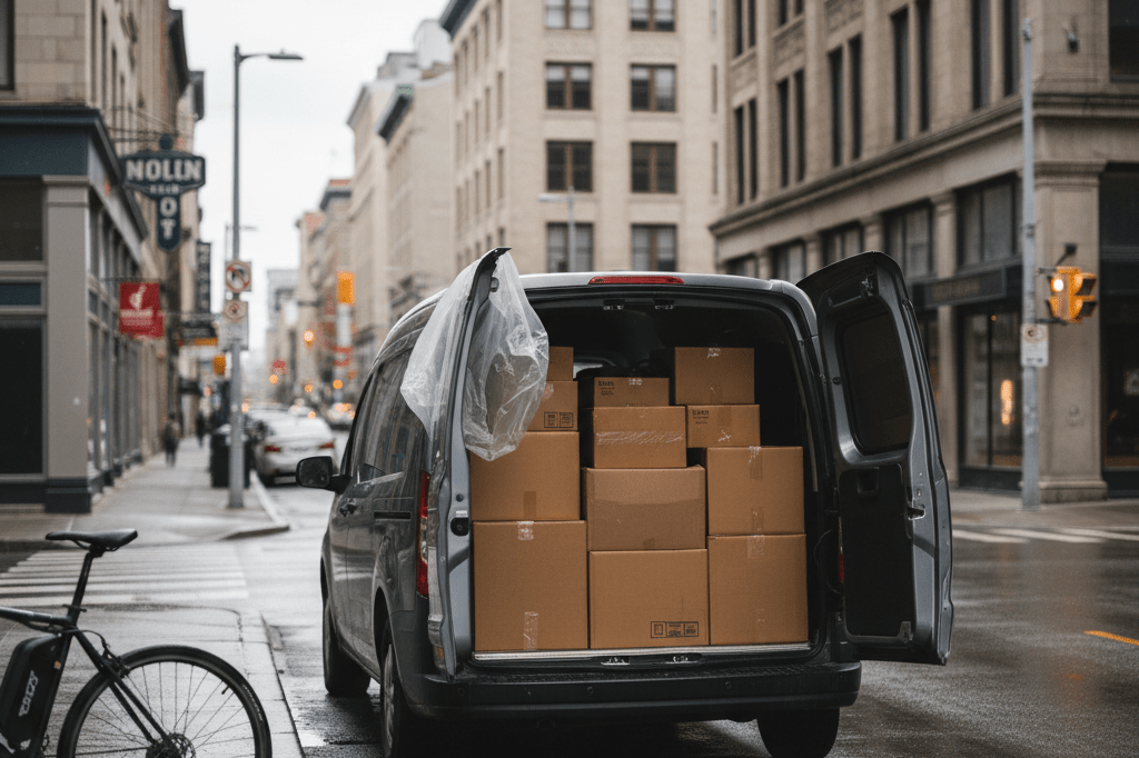 Medium shot of a neutral-branded cargo van and e-bike at a Montreal street intersection, showing prepared logistics amid urban transit vulnerability