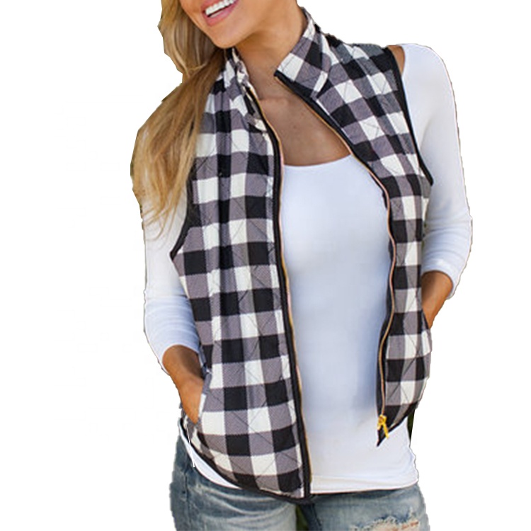 Лидер продаж для женщин Осень Зима теплые без рукавов стеганые Buffalo Плед карман на молнии жилет