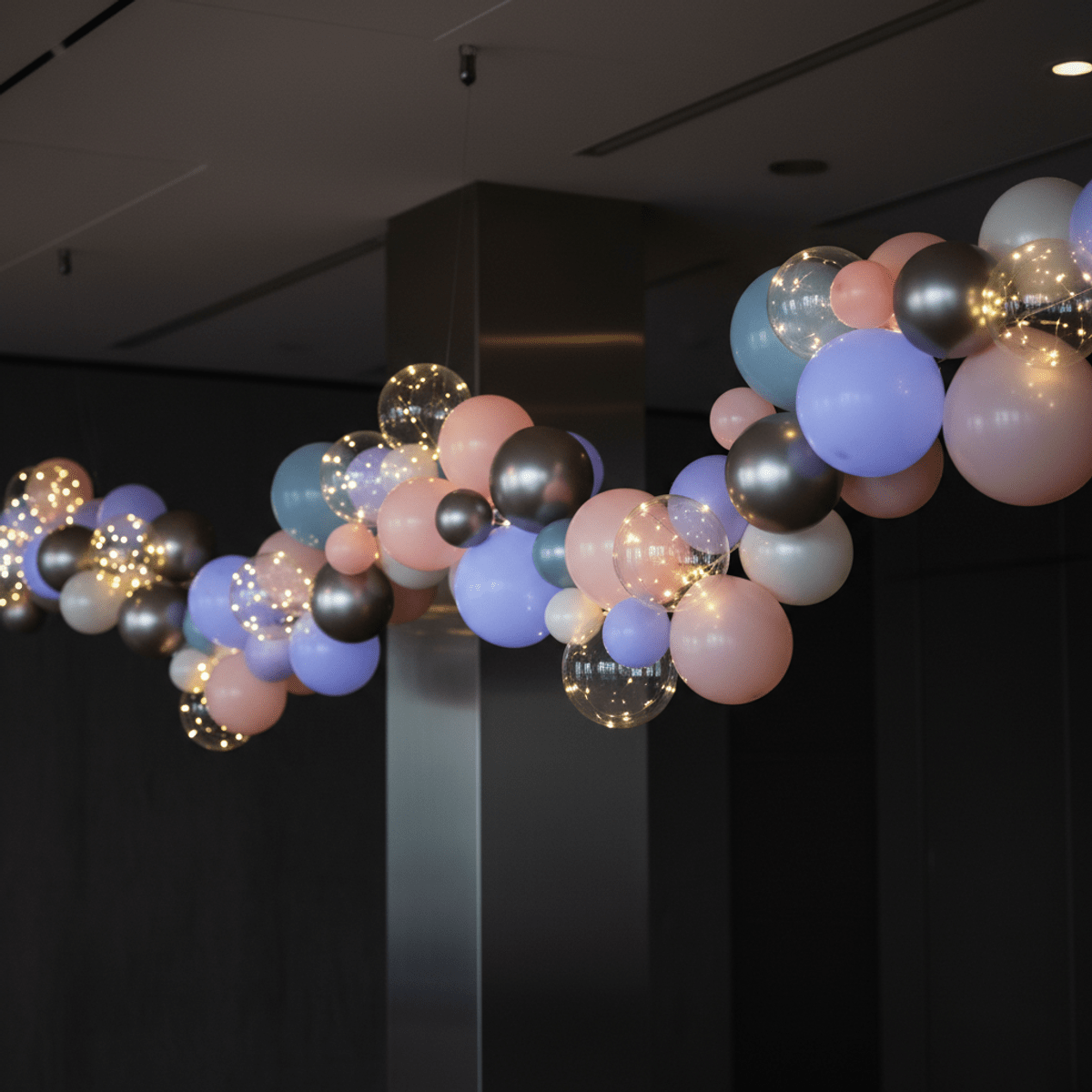 Overhead installation of semi-translucent silicone balloon garland with embedded fairy lights.