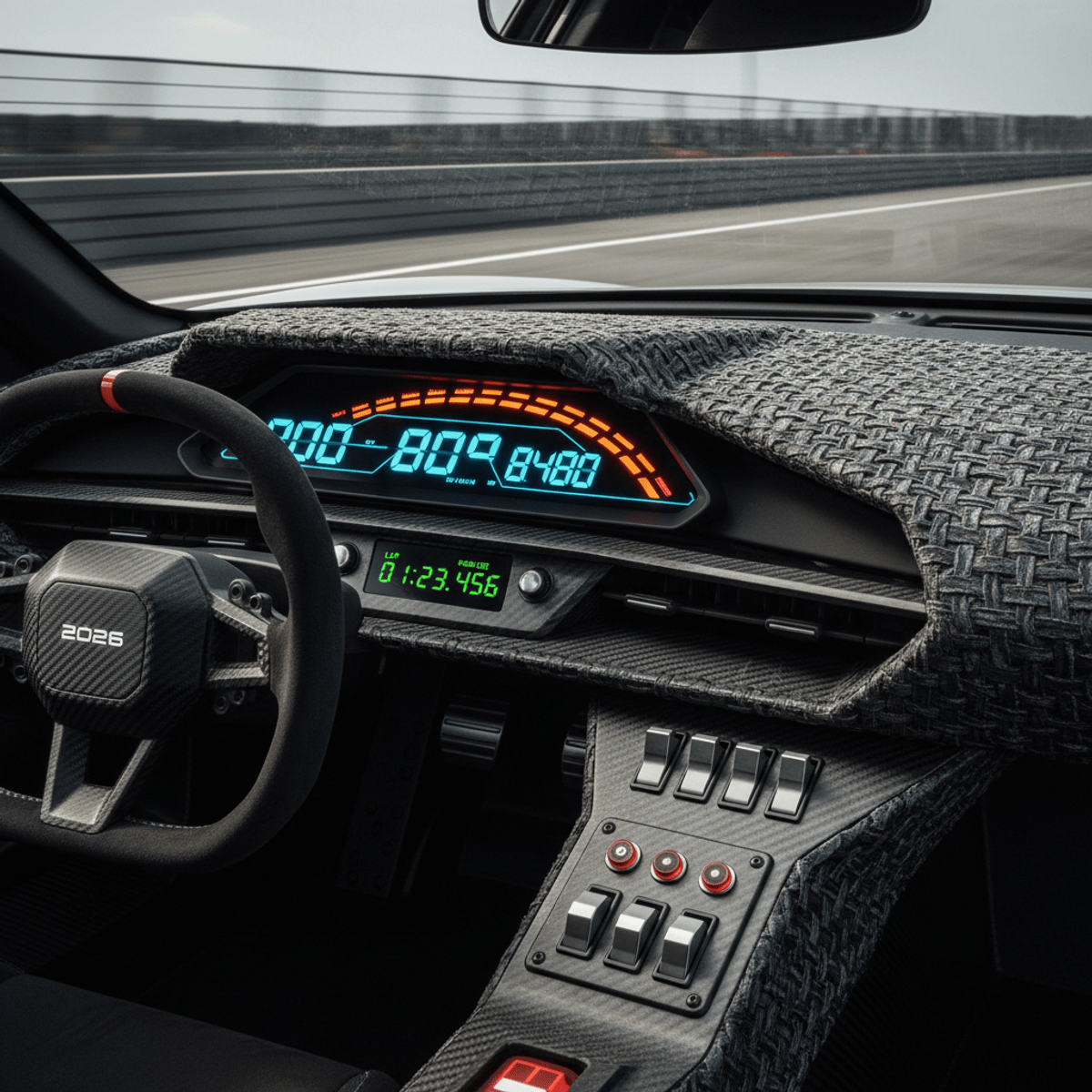 Futuristic race car interior with 3D-printed composite gauges and digital displays.