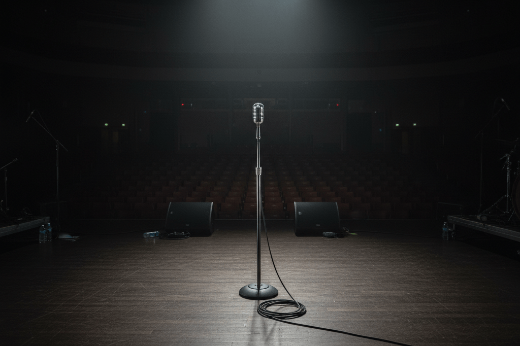 Dimly lit stage with microphone stand and cable under ambient light, symbolizing enduring legacy in creative industries