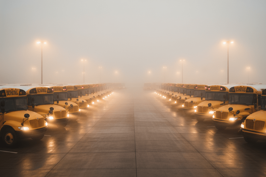 Wide shot of school buses parked under dense fog with ambient lighting highlighting safety measures amid weather delays