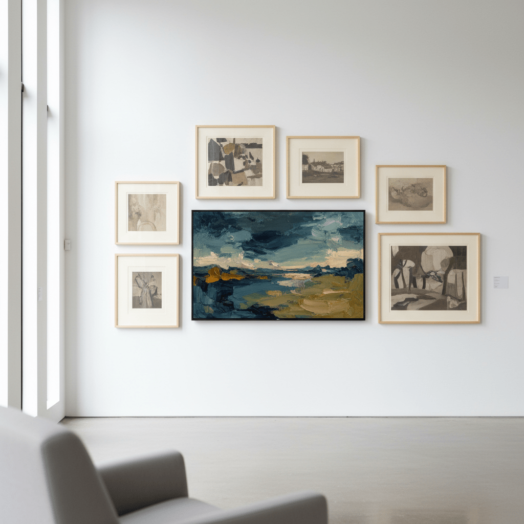 Minimalist gallery wall with mounted television displaying digital art and framed paintings.