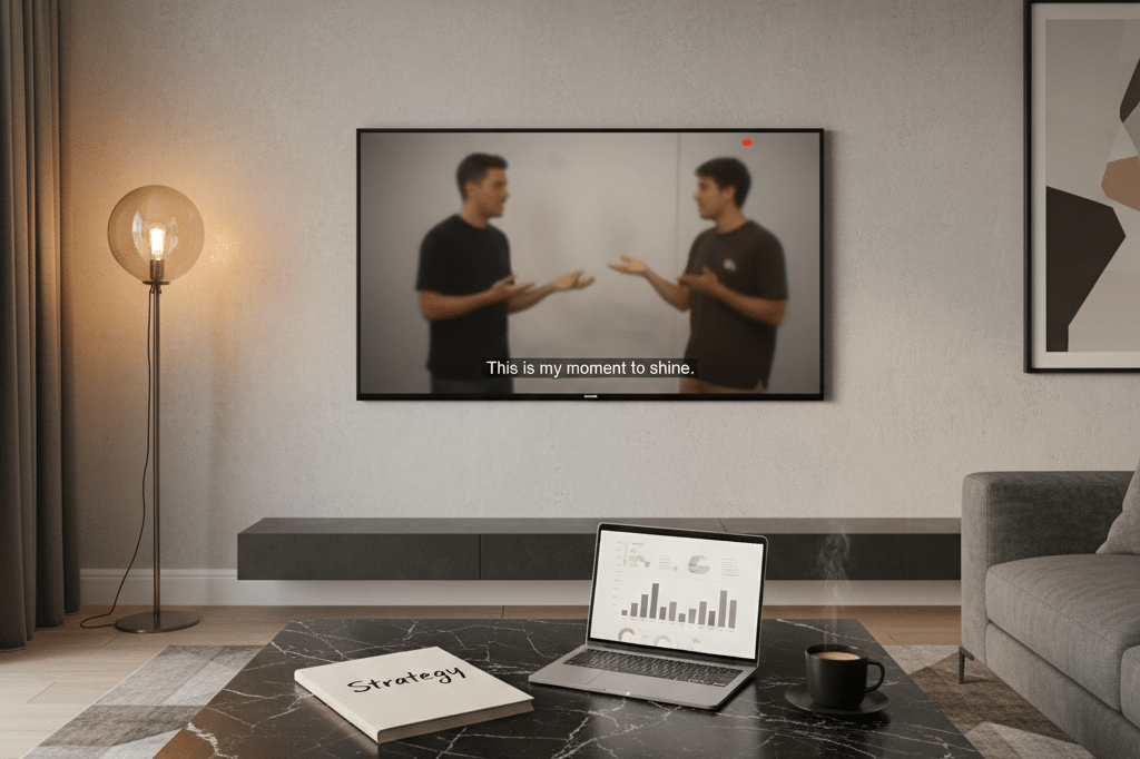 Stylish living room with TV, notebook, laptop, and coffee under warm ambient light symbolizing strategic audience engagement