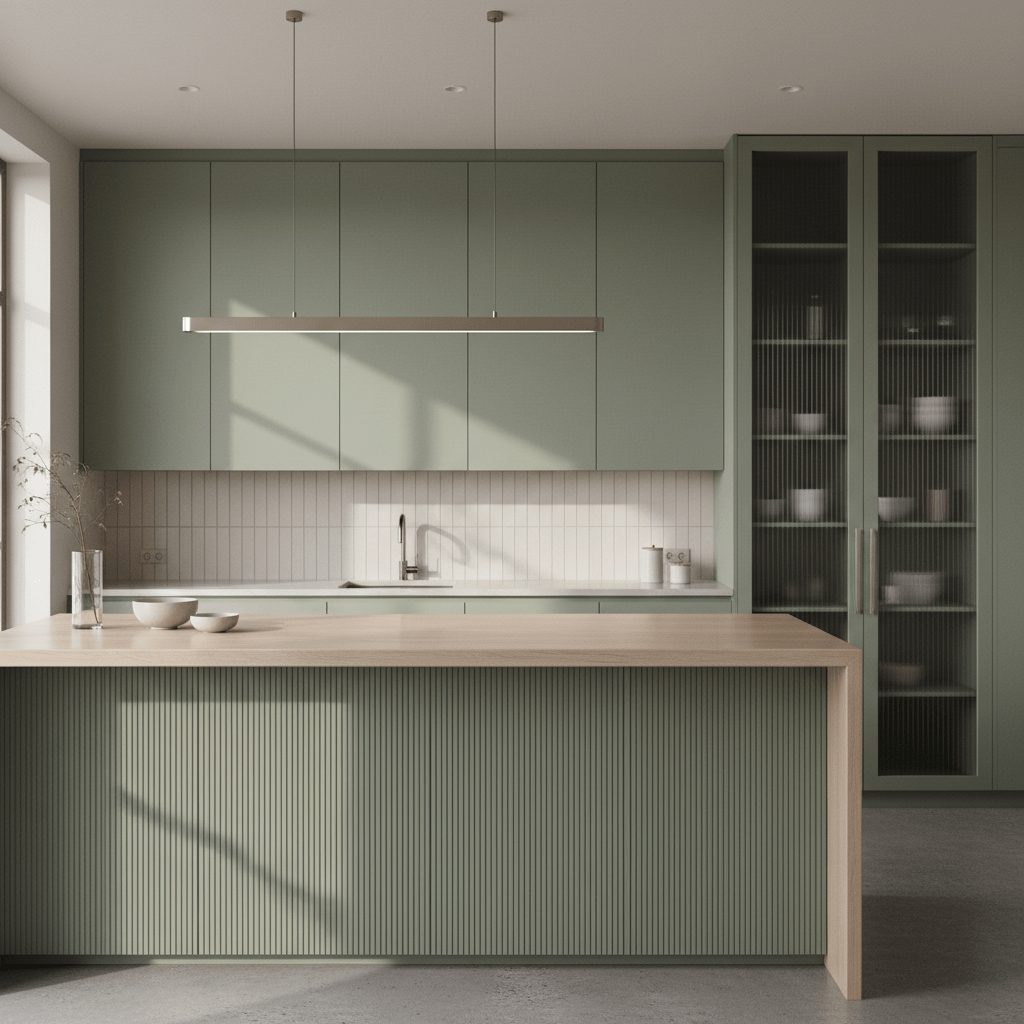 Modern kitchen with reeded sage green cabinets and fluted glass pantry doors.