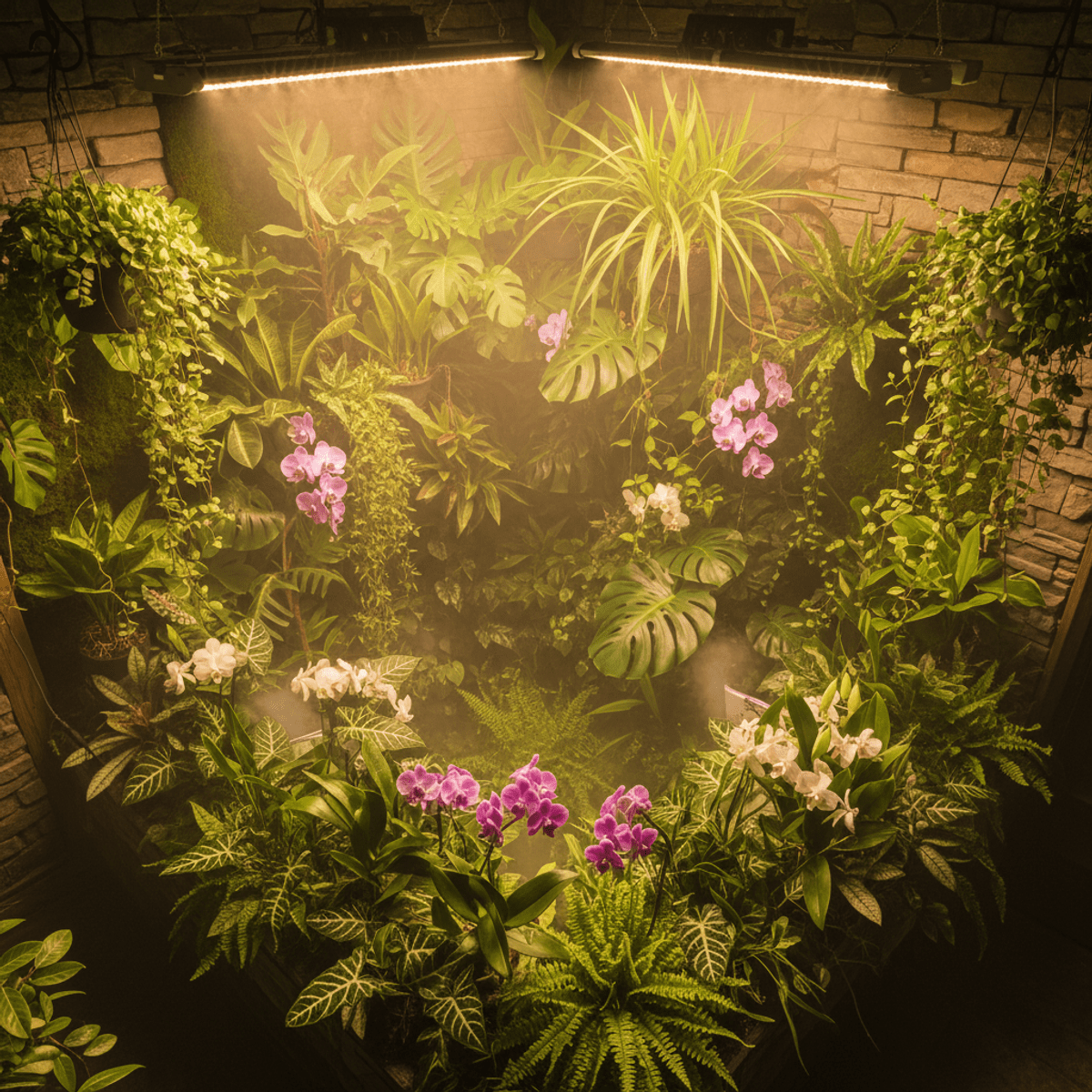 Exotic subterranean jungle oasis in a basement corner with dense tropical plants and shimmering mist.