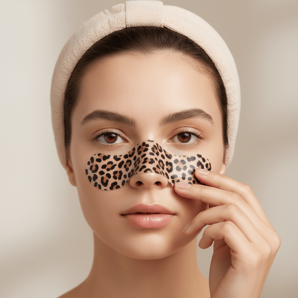 Young woman applying a leopard print nose strip for pore care.