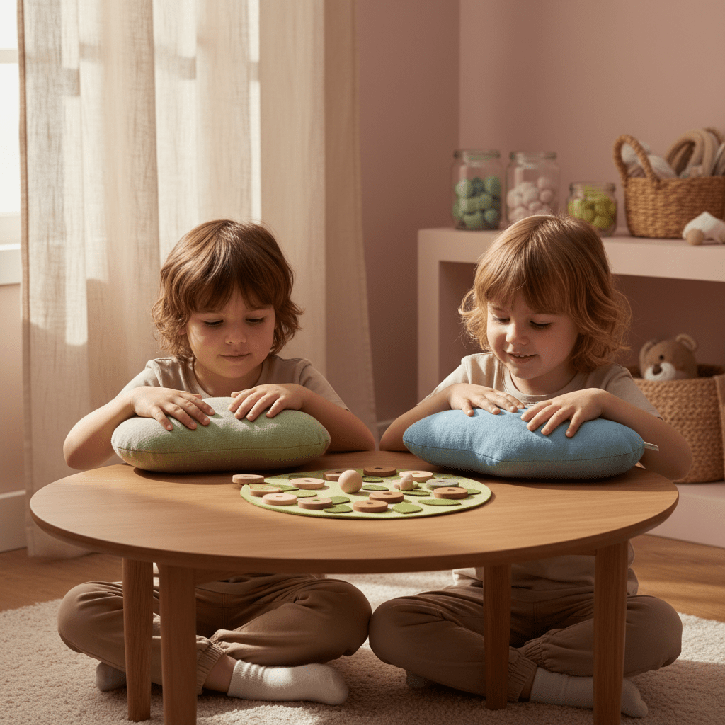 Children enjoy cooperative play with plush meditation toys and nature-toned game pieces.