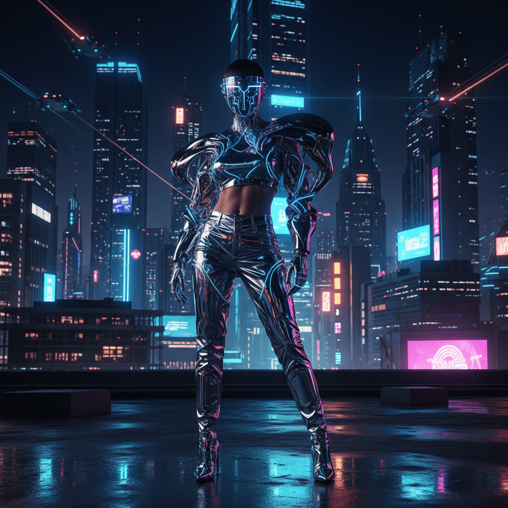 Futuristic Y2K fashion with chrome trousers and metallic top in a neon city.