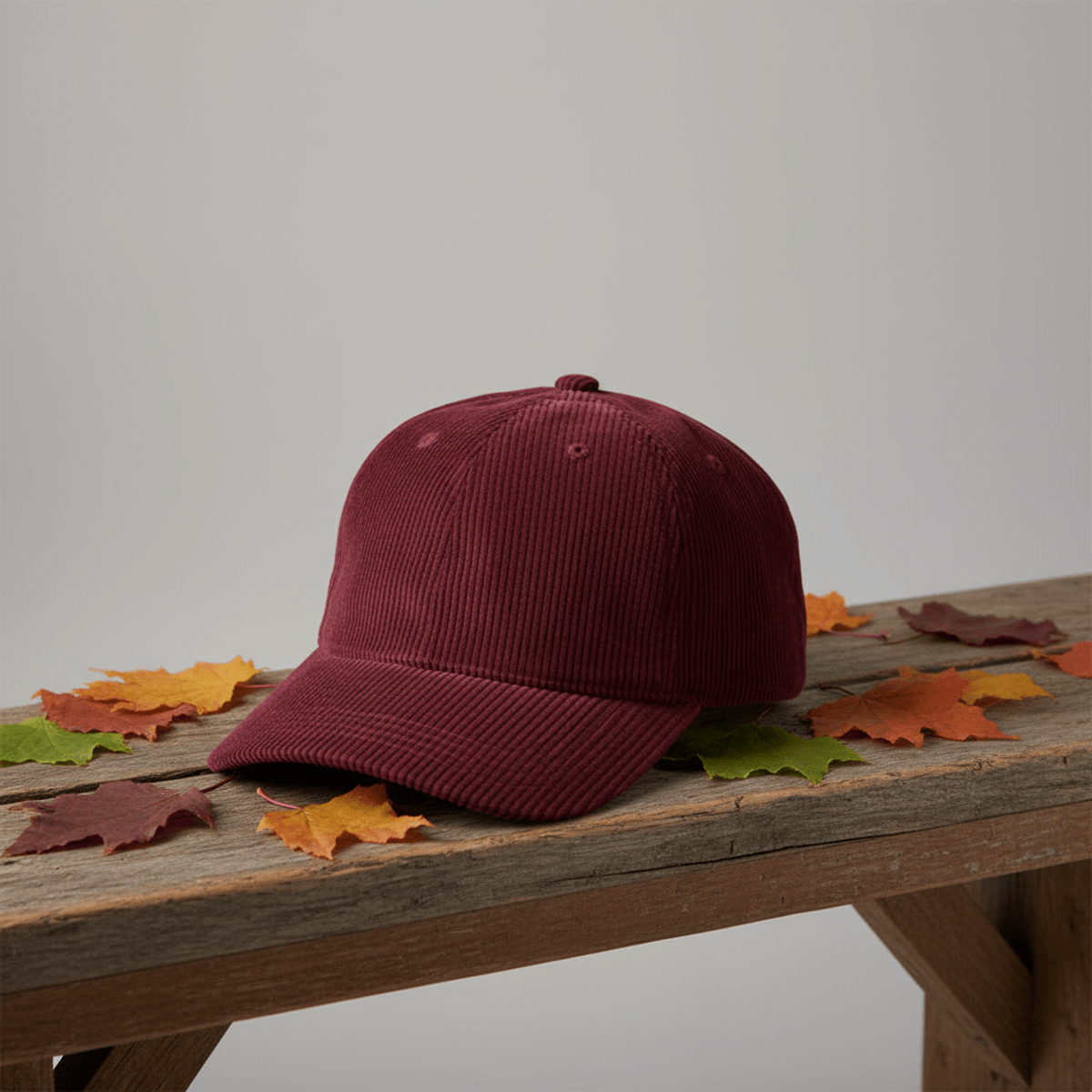Deep burgundy corduroy hat nestled among vibrant autumn leaves on a wooden bench.