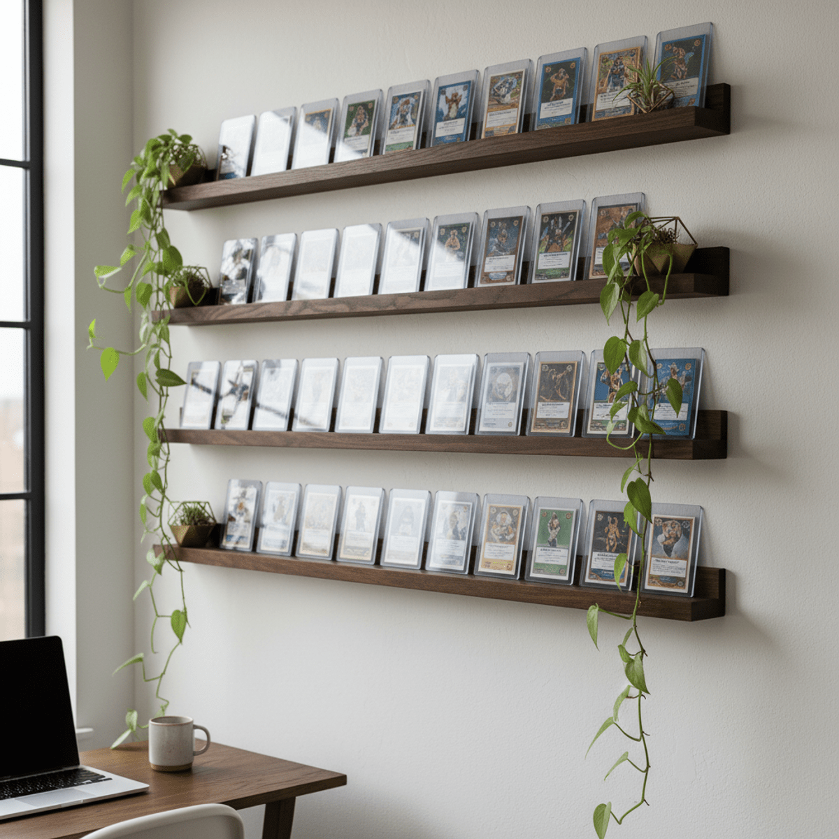 Elegant trading card display on dark oak shelves with graded cards in glass cases.