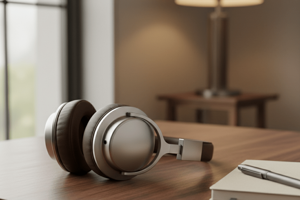 Close-up view of luxurious over-ear headphones under natural light, symbolizing premium audio design