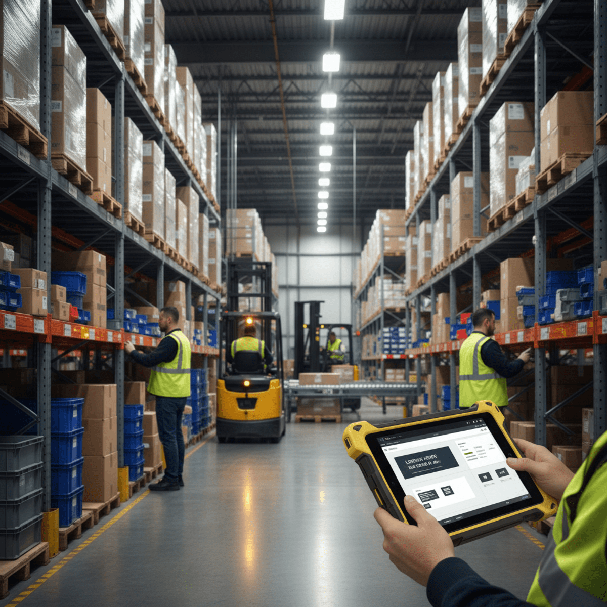 Workers use rugged tablets in a busy, brightly lit warehouse with towering shelves.