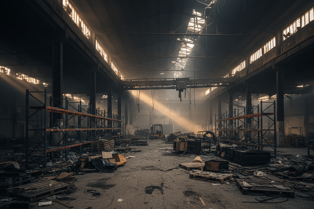 Photorealistic depiction of a burned-out warehouse interior with debris and structural damage, symbolizing supply chain disruption caused by unexpected disasters
