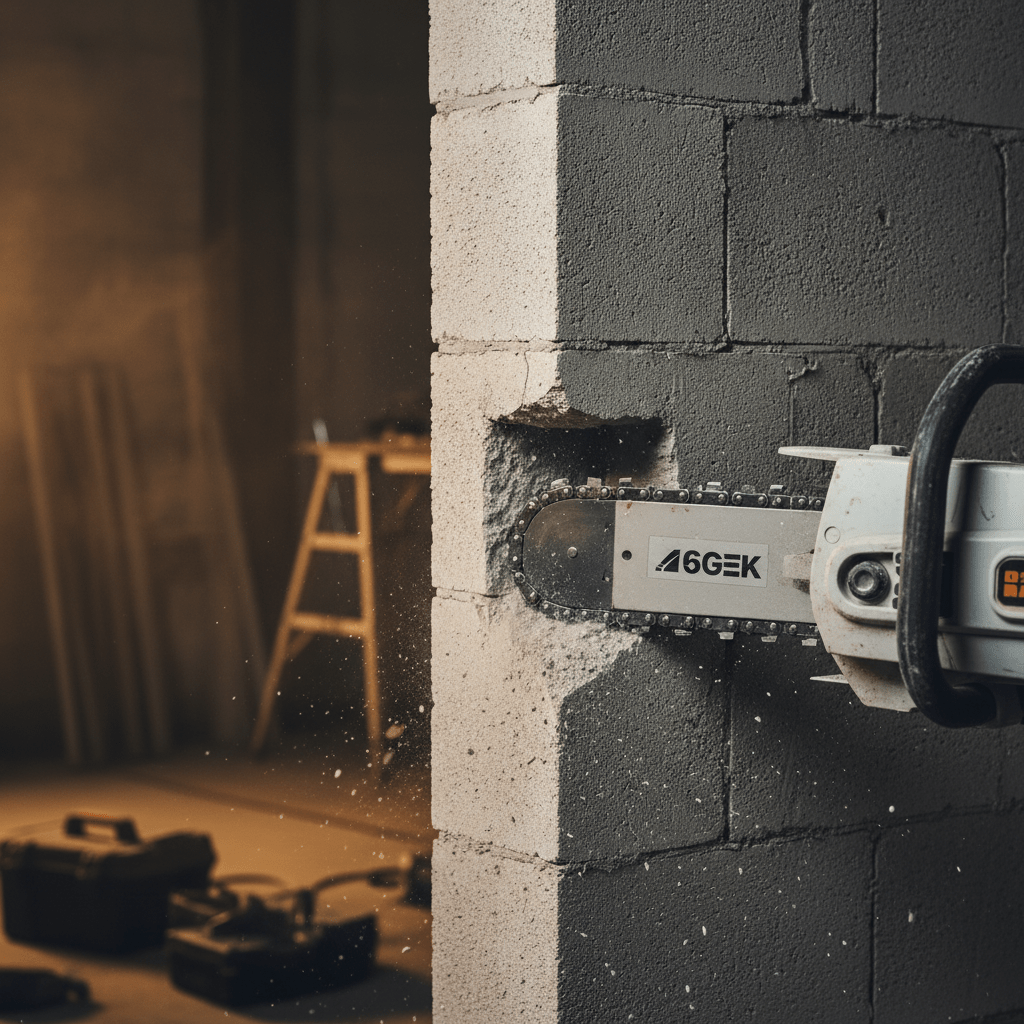 Chainsaw cuts precise doorway corner in concrete block wall with dust.
