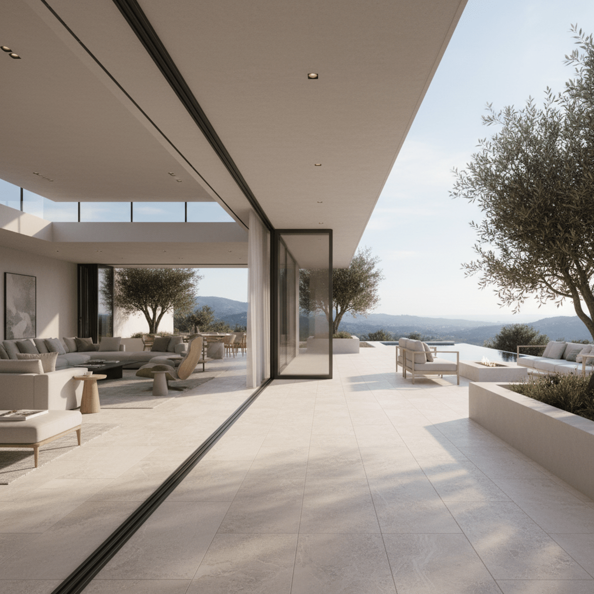 Contemporary luxury home interior opens to patio with seamless porcelain pavers.