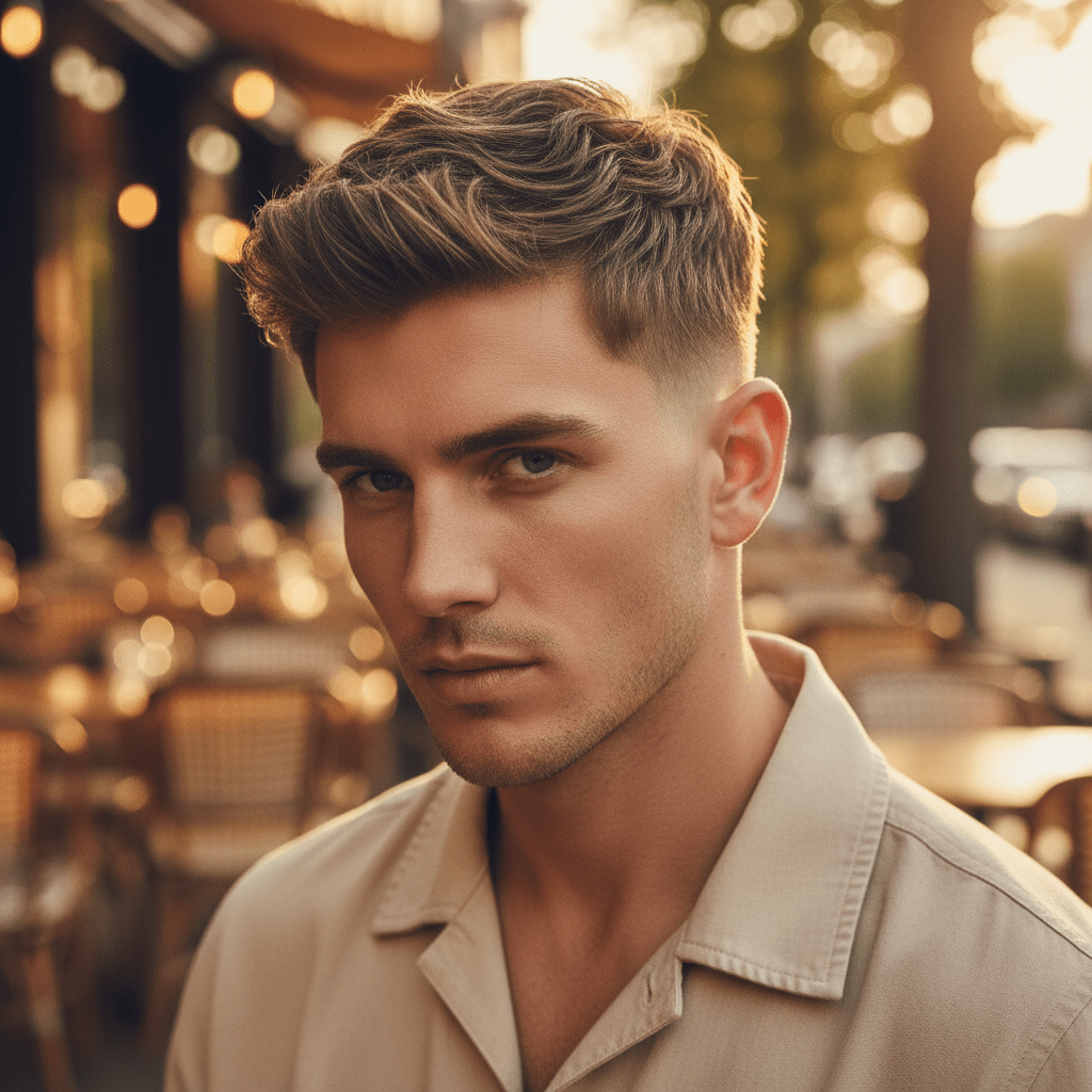 Man with textured crop haircut in golden hour light, showing effortless waves and volume.