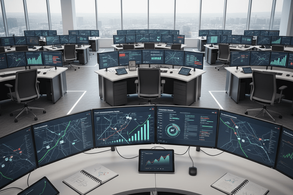 Wide view of logistics control room screens showing anonymized fleet fuel analytics under natural light