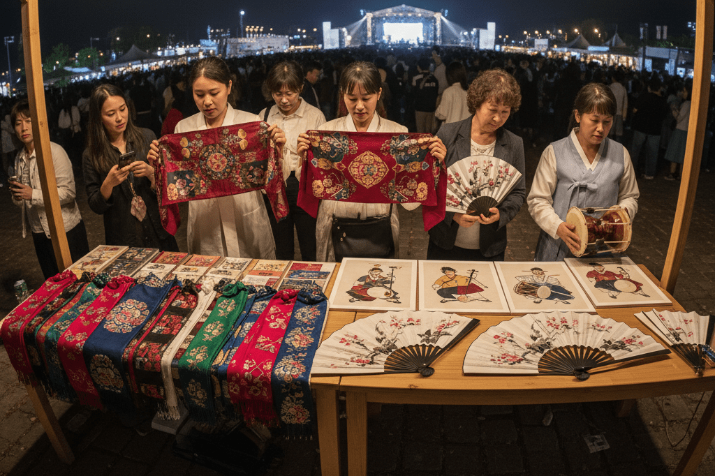 Concert merchandise booth showcasing traditional Korean items under ambient light, symbolizing renewed interest in cultural heritage