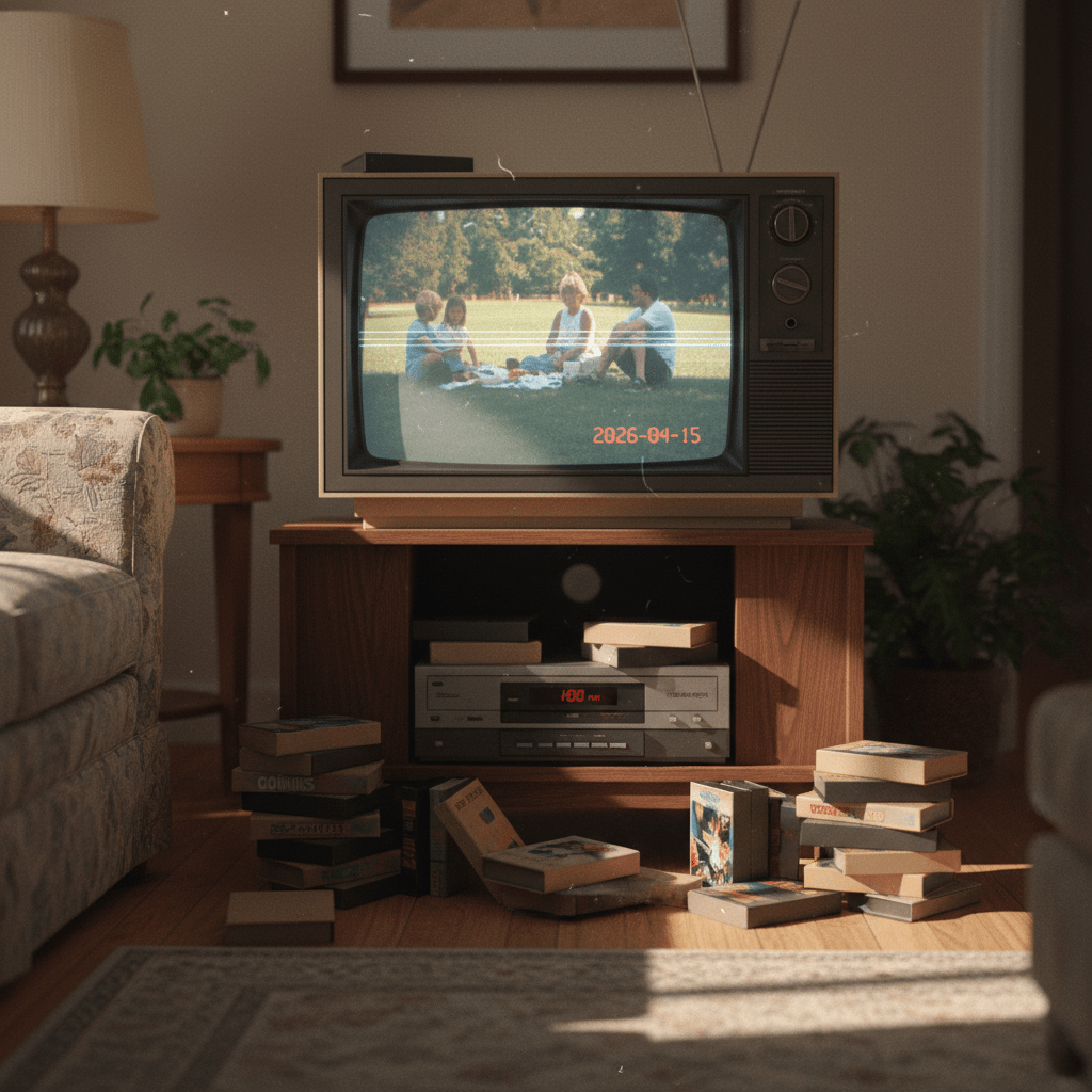 Retro 1980s living room with VCR, VHS tapes, and CRT TV showing home video.