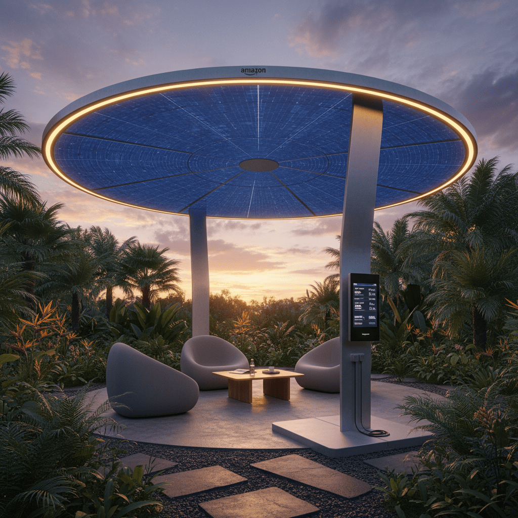 Semi-transparent solar canopy with LED lights in a lush garden at sunset.