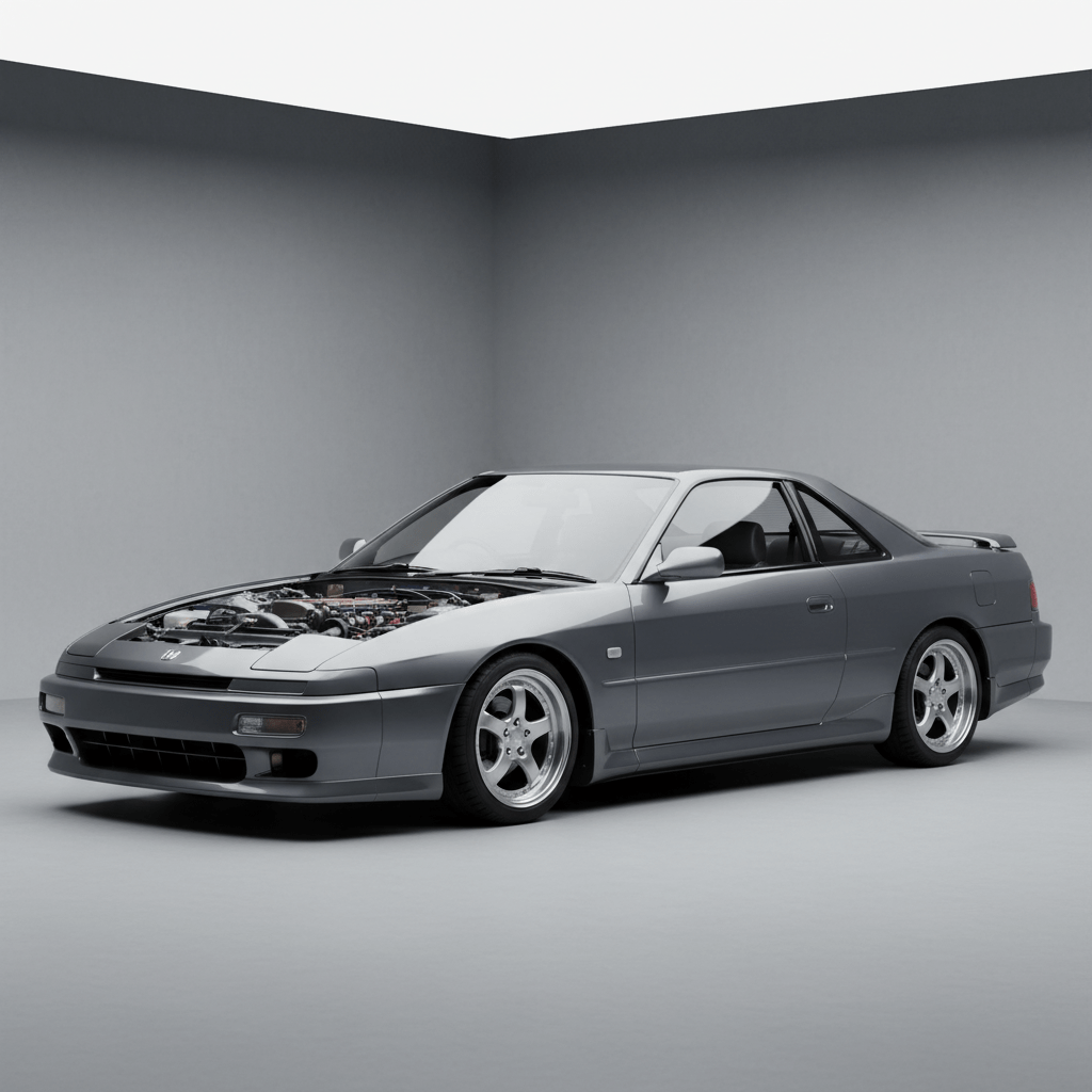 Pristine 90s metallic silver car with glossy paint and multi-spoke alloy wheels.