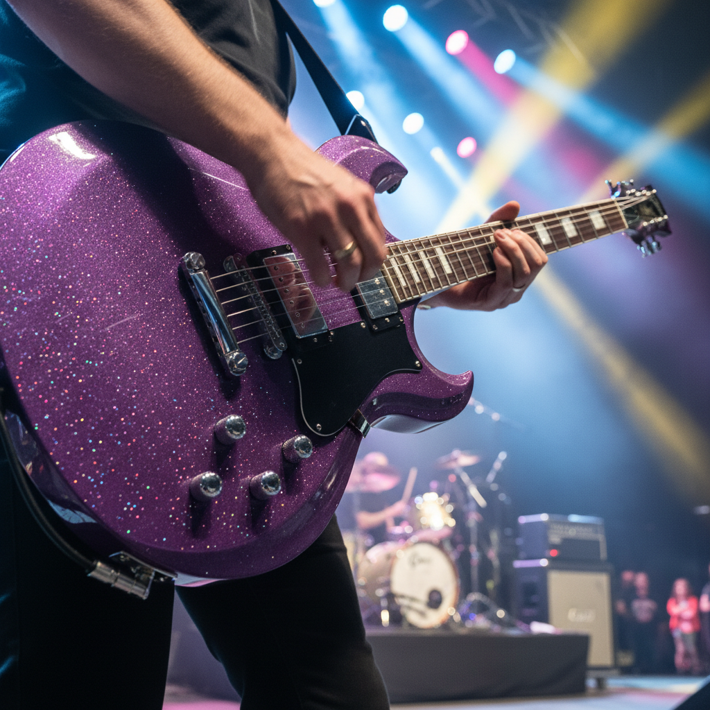 Vibrant grape-purple electric guitar shimmering under stage lights with haze.
