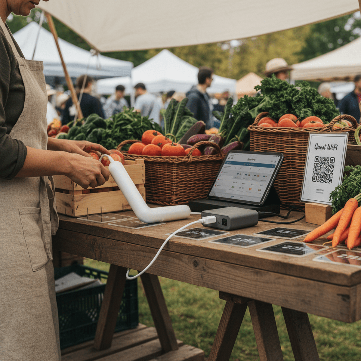 Sleek white device on a market stall with produce and digital displays.