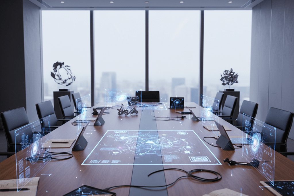Wide shot of a sleek conference room with holographic displays and abstract cosmic decor symbolizing adaptive leadership