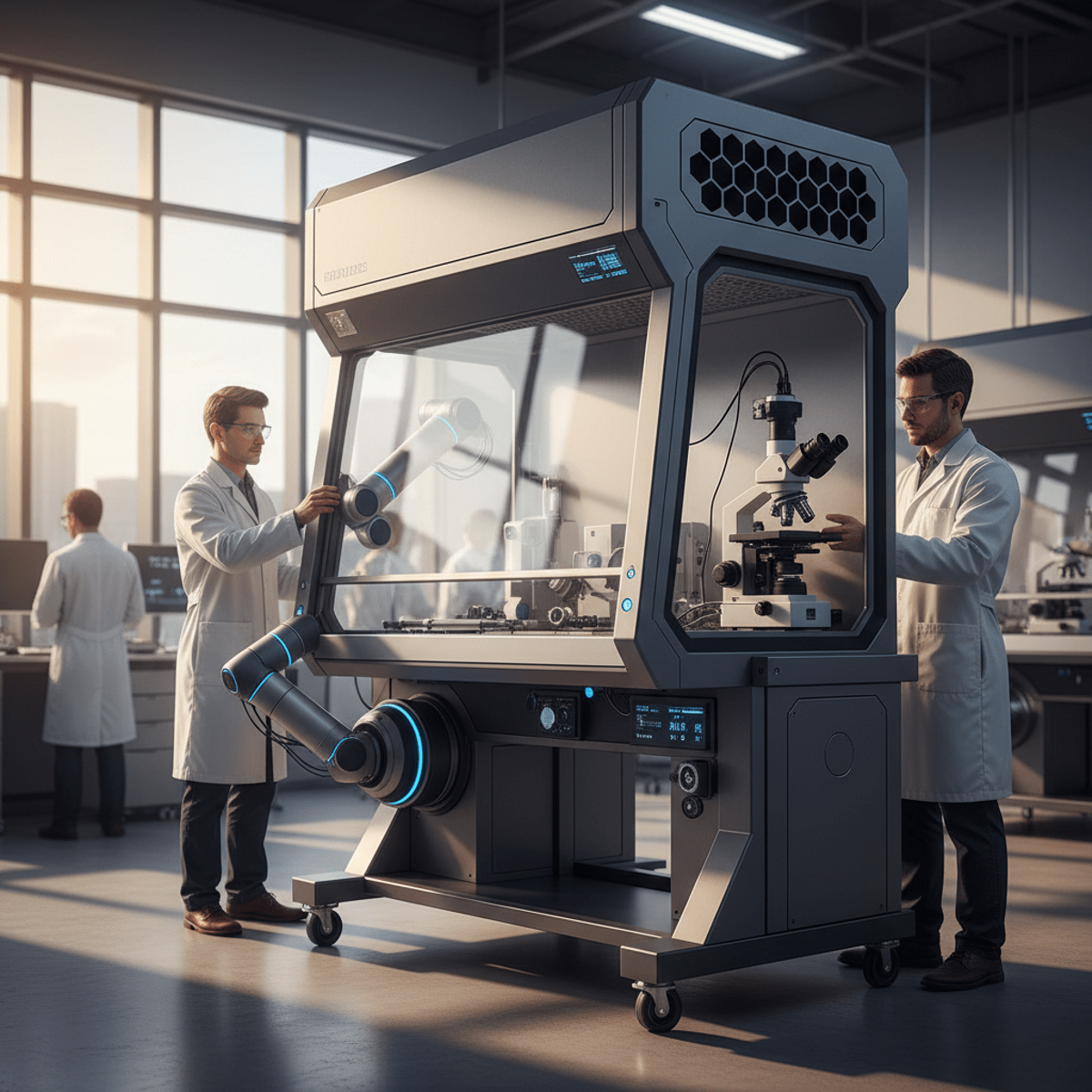 Modern laminar flow hood setup with robotic arm and microscope port in a bright lab.