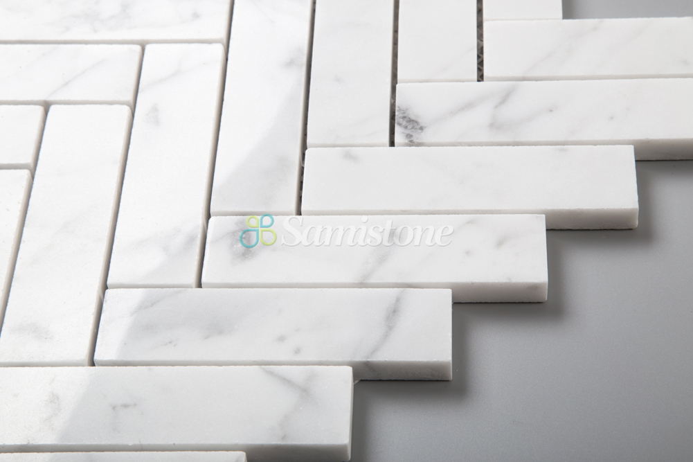 Samistone 1"x4" White Carrara Marble Tile Mosaic Herringbone Mosaic Bathroom Floor Tile