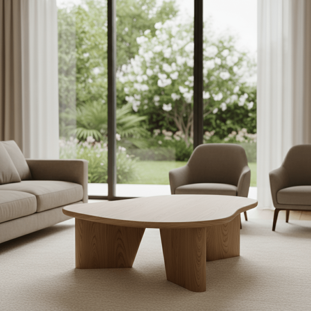 Minimalist oak coffee table with organic curves in a serene living room with garden views.