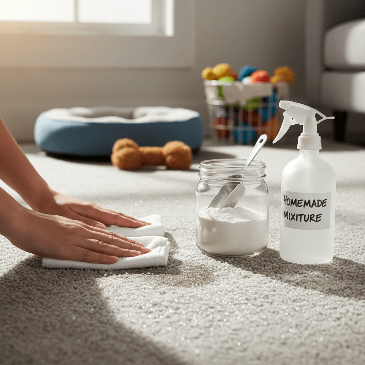 Hands cleaning a light gray carpet with baking soda and a spray bottle.