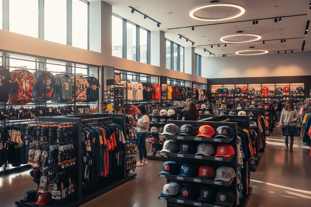 Wide-angle view of a well-lit sports merchandise shop filled with jerseys and caps, highlighting fan engagement