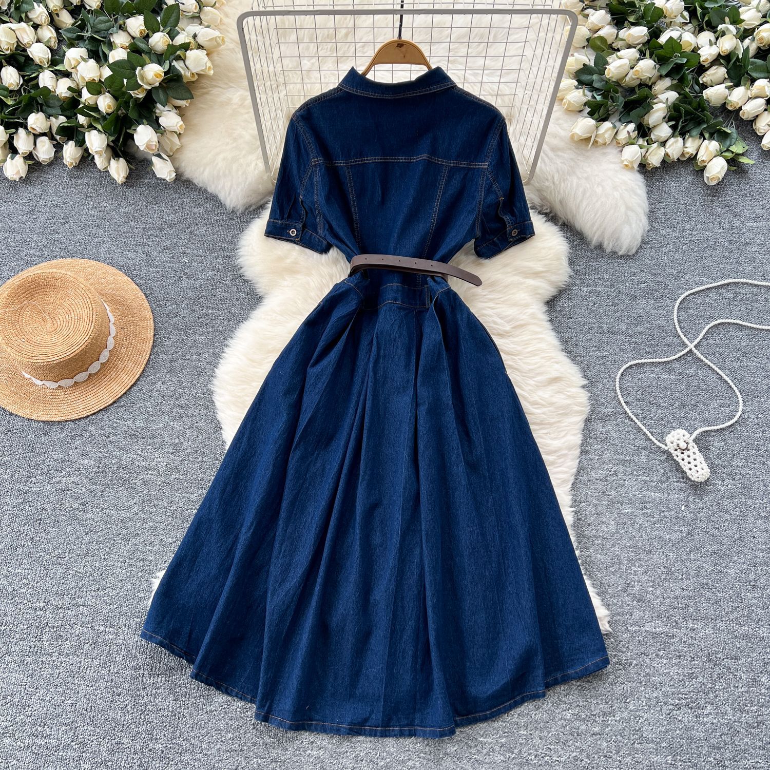 Lapel Denim Dress for Women Casual Long Midi Skirt with Single-Breasted  Waist-Cinching Shirt Short-Sleeved| Alibaba.com