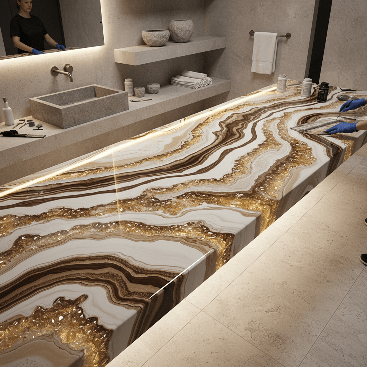 Epoxy countertop kit application recreating quartzite texture with layered creams and browns.