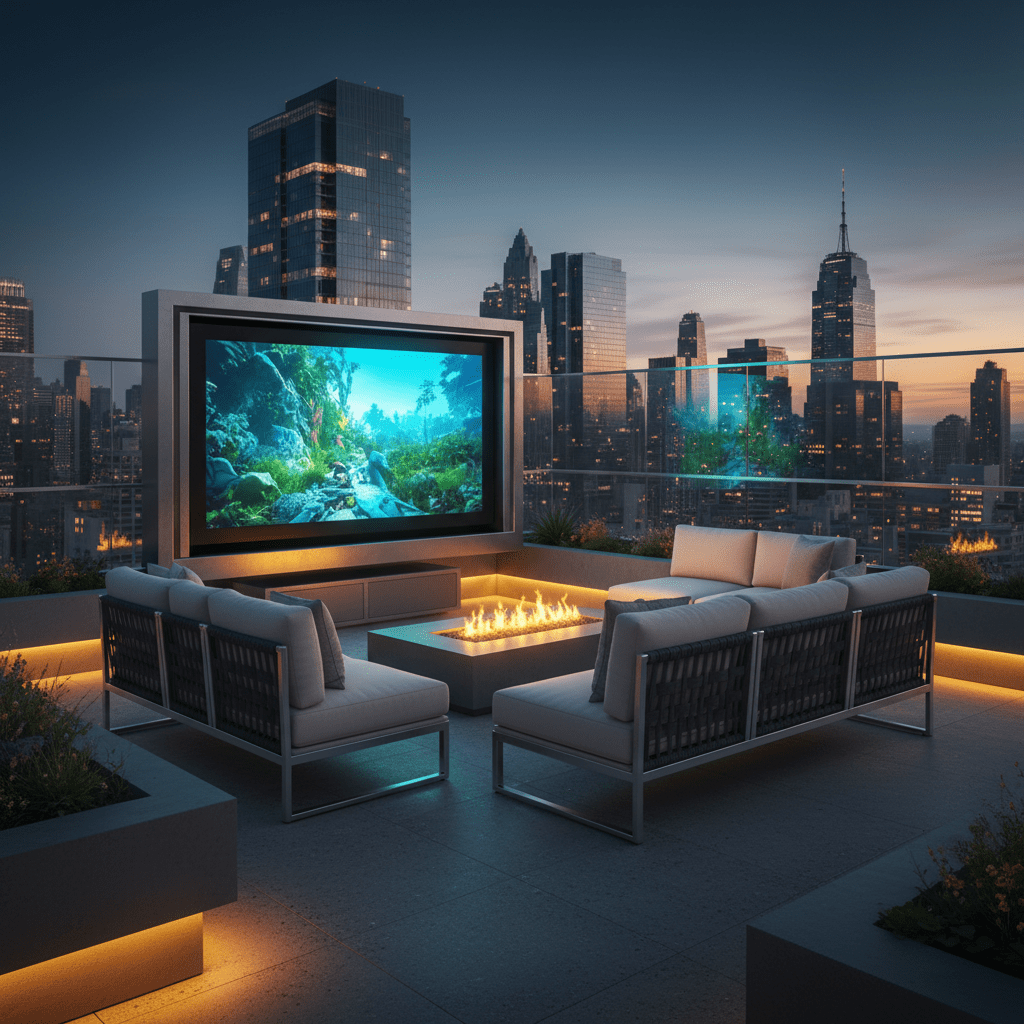 Rooftop terrace entertainment space with large TV and panoramic cityscape views at twilight.