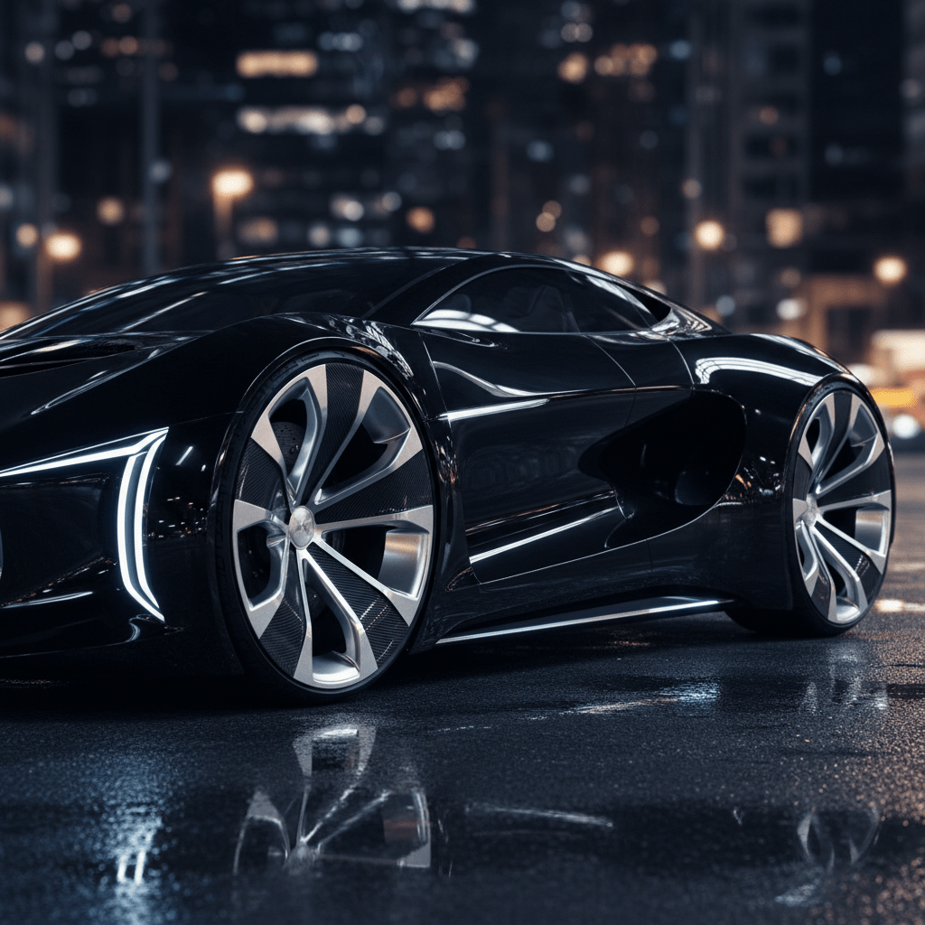 Concept vehicle with directional spoke wheels in an urban night setting, glossy black and chrome.