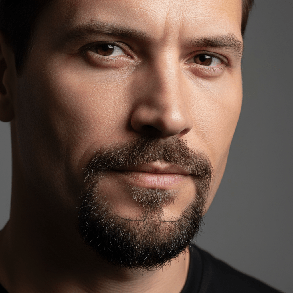 Close-up of a man's face with a sharp, architecturally defined anchor goatee.