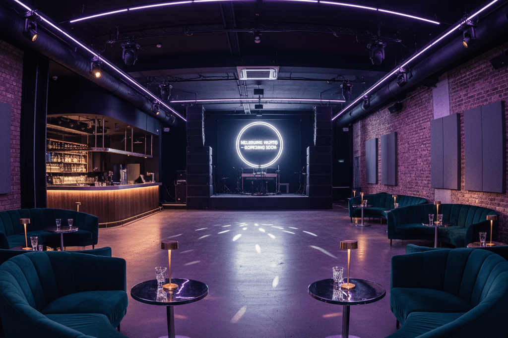 Empty yet inviting nightclub space with ambient lighting, reflecting disaster recovery and brand evolution in entertainment venues