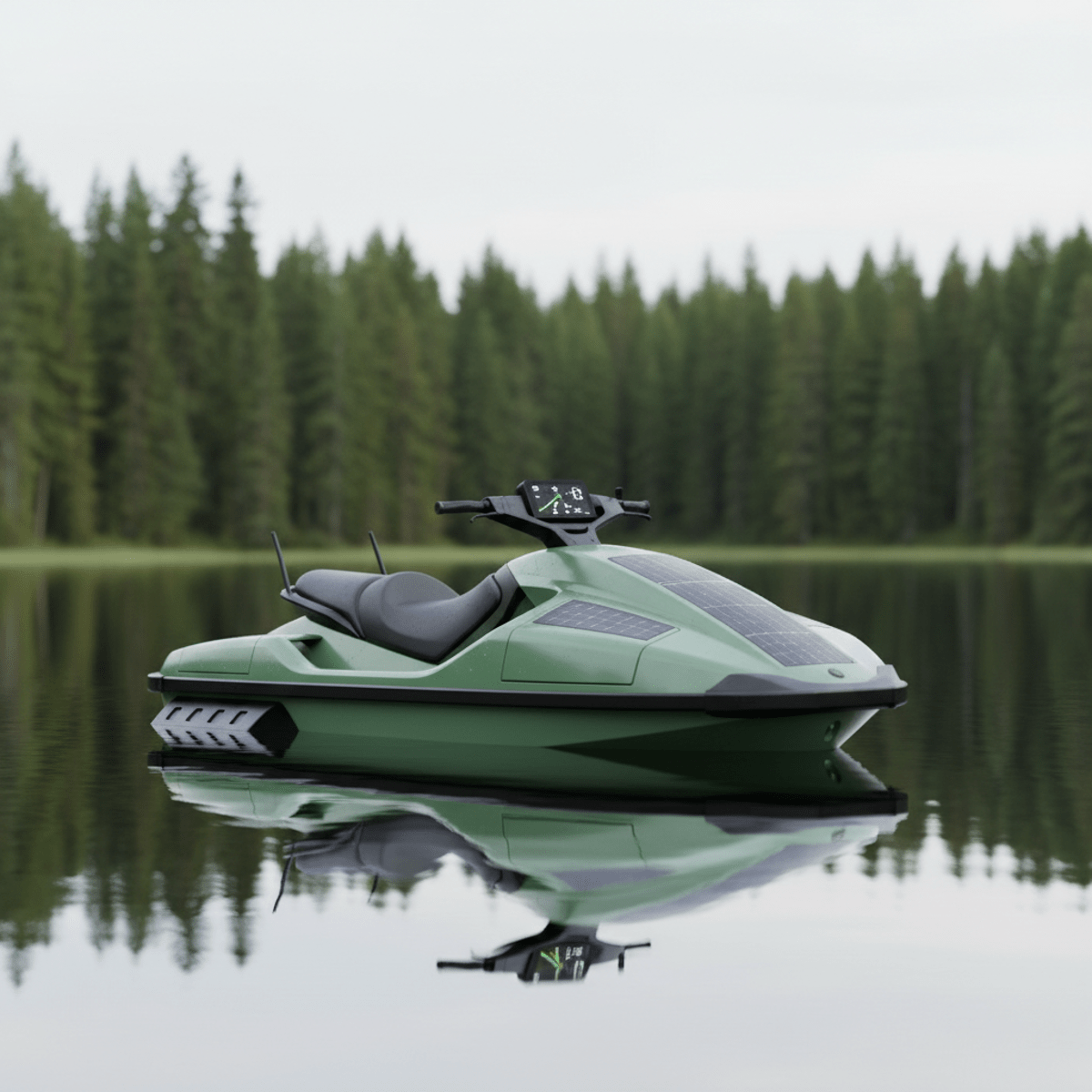 Matte sage green mini jet ski with solar panels glides on a tranquil lake.