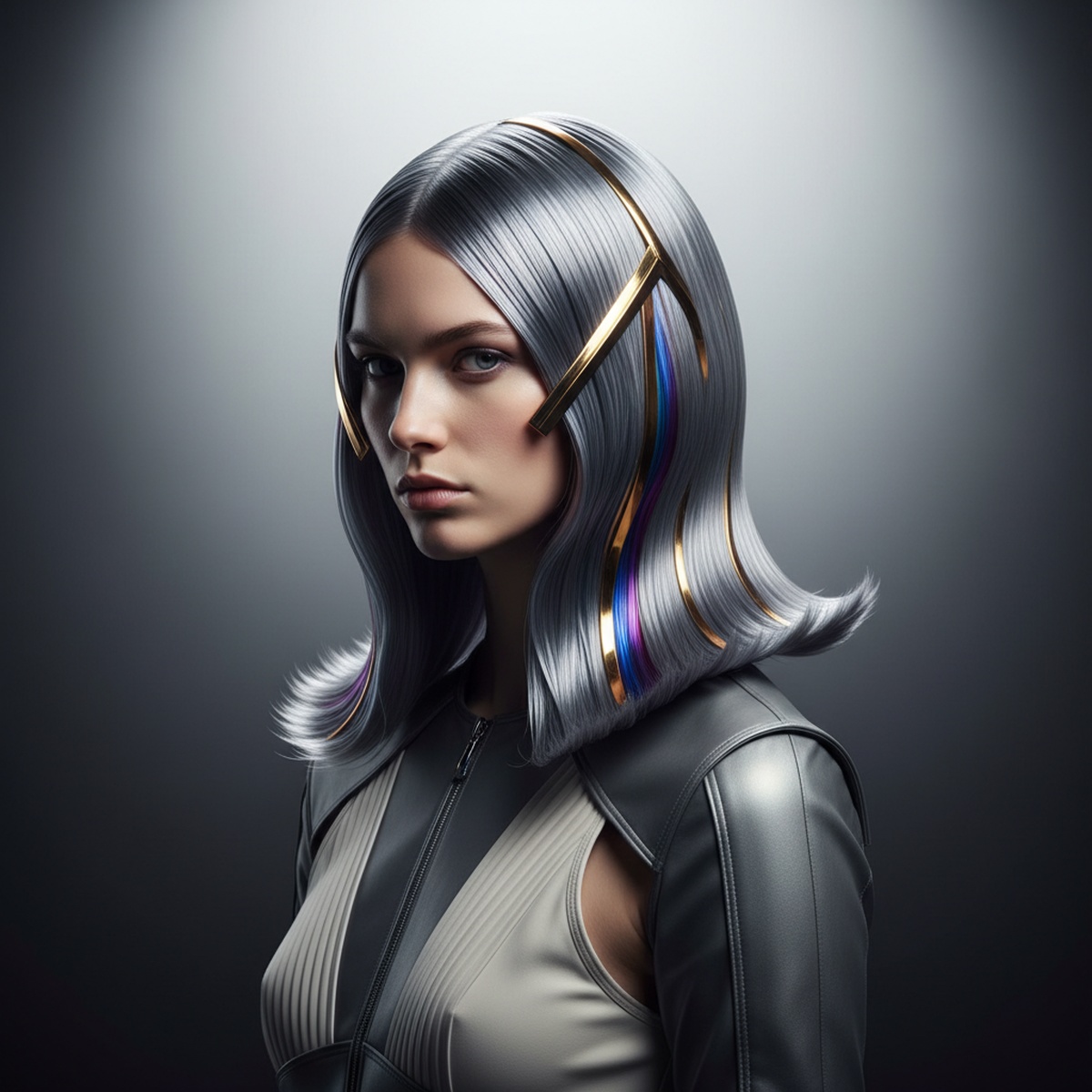 Futuristic model with slick, shimmering liquid mercury hair and metallic gold accents.