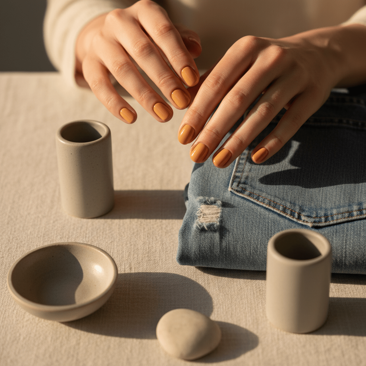 Muted marigold manicure with orange warmth on nails resting on linen.