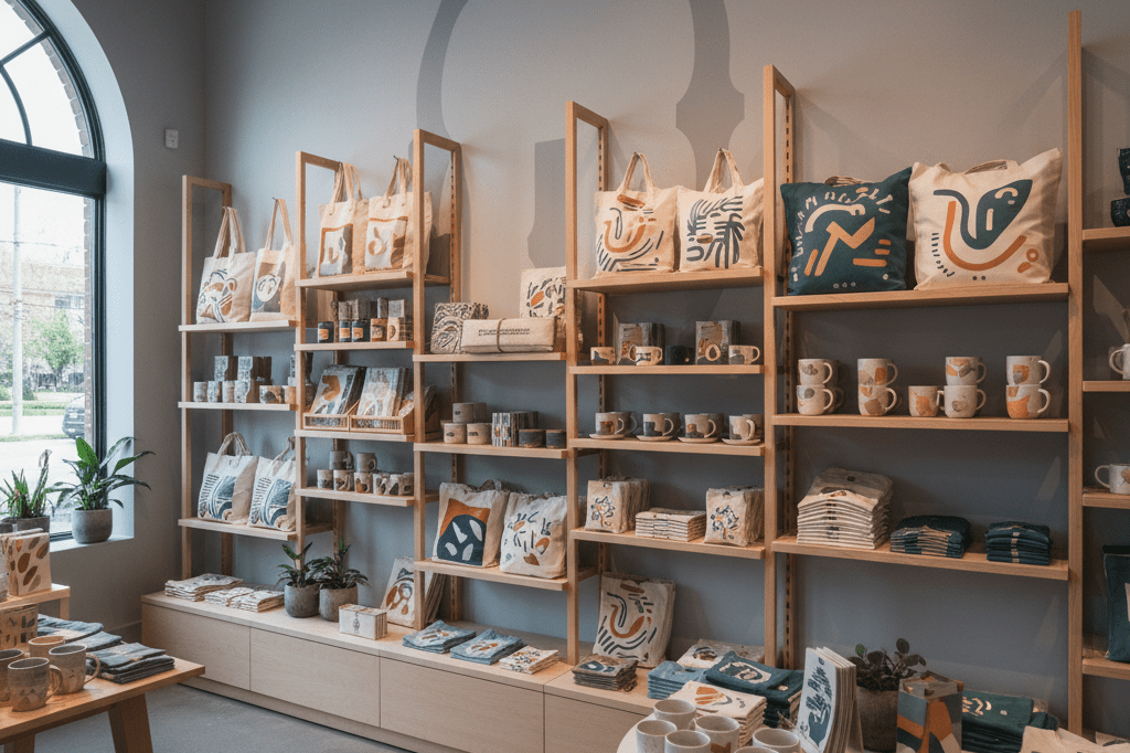 Stylish arrangement of cause-related merchandise under warm ambient light, highlighting strategic alignment with high-profile events