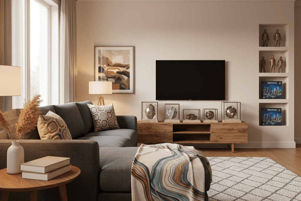 Arrangement of abstract-patterned blanket, books, and pillow in a cozy living space symbolizing content-driven merchandising trends