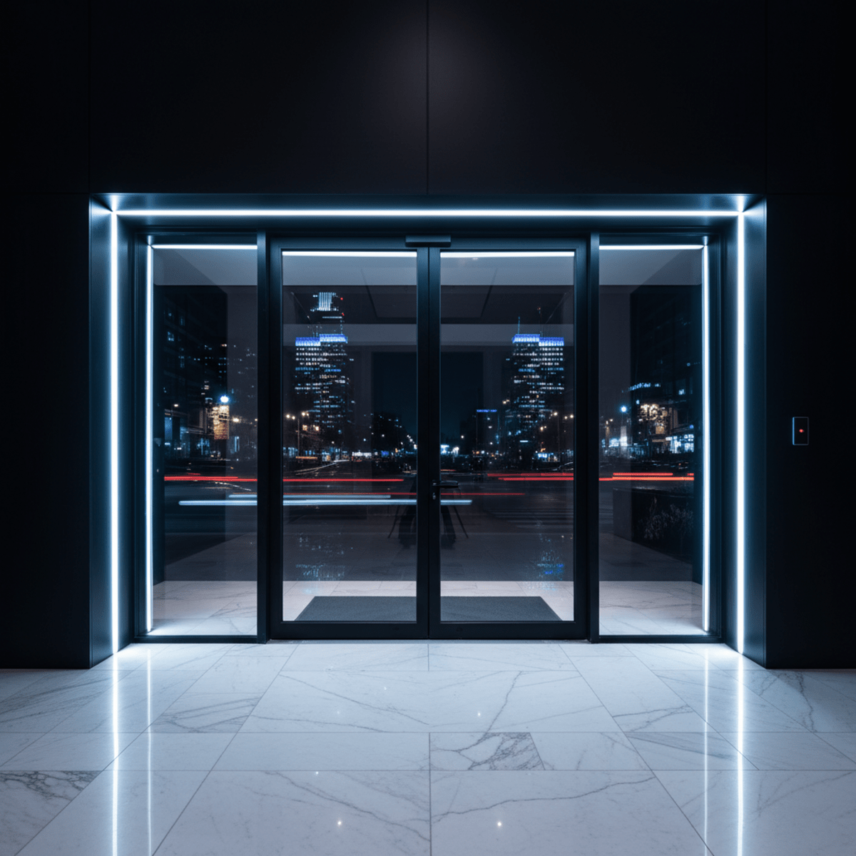 Contemporary auto door opener in a luxury entrance, with LED lights and city skyline reflections.